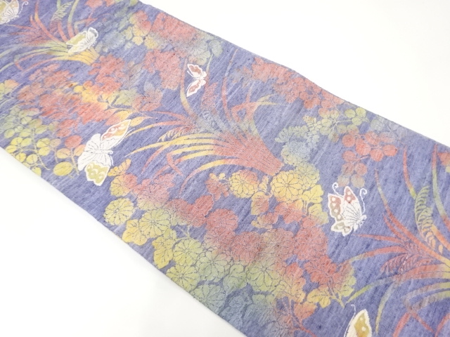 手織り紬花蝶模様織出し袋帯